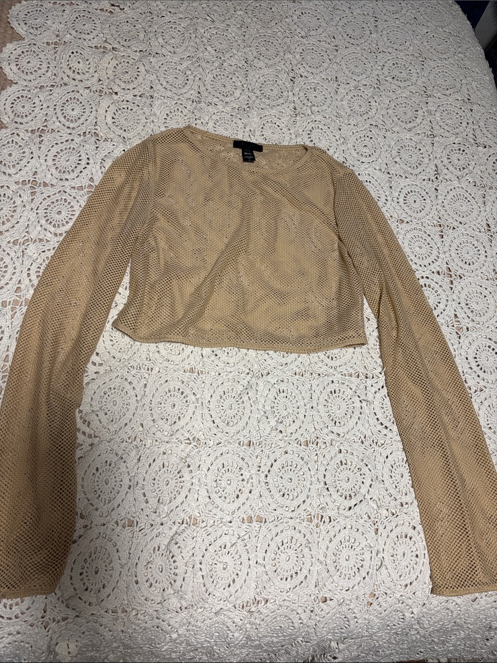 h:ours Beige Long-Sleeve Mesh Crop Top